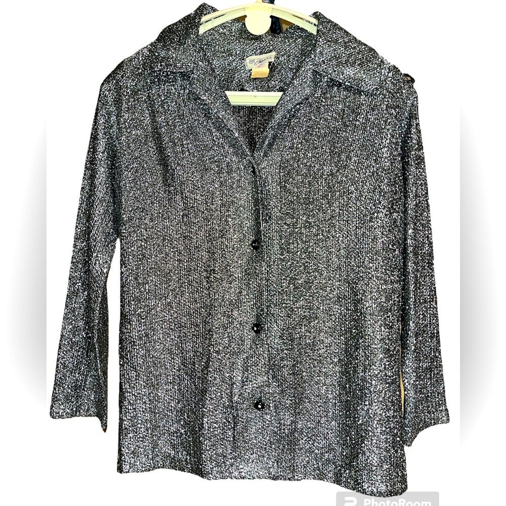 Styled by Charles of France - 60/70’s metallic silver crystal button down blouse